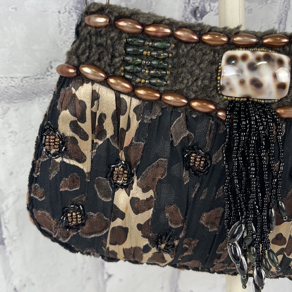 Mary Frances Crossbody Purse Pleated Beaded Embellished Animal Print Tassels - Picture 4 of 9